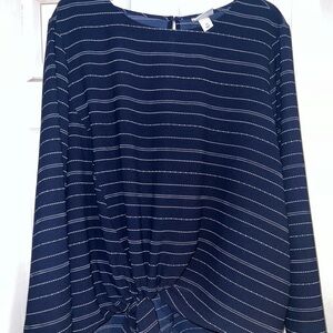 Navy & White Striped Plus Size Top w/ Tie Front Detail